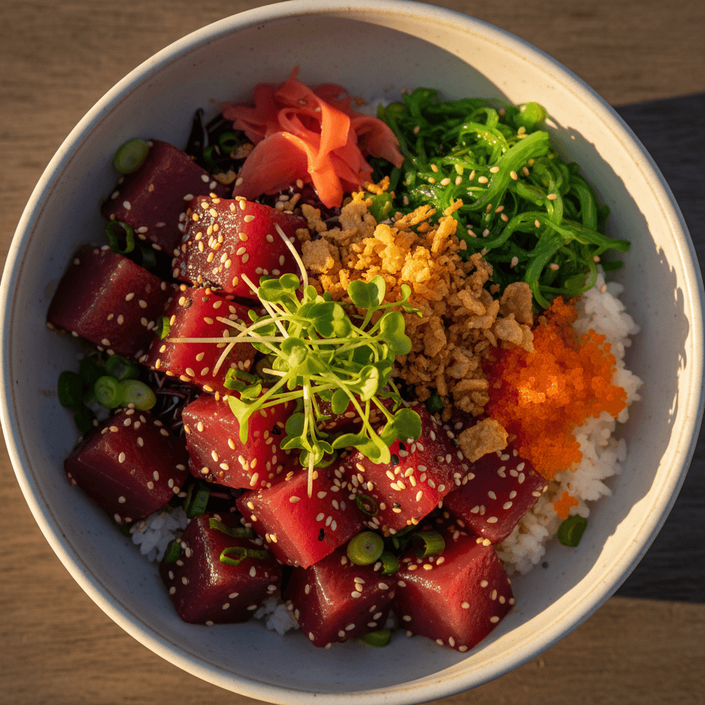 Fresh ahi tuna poke bowl with sushi rice and colorful toppings