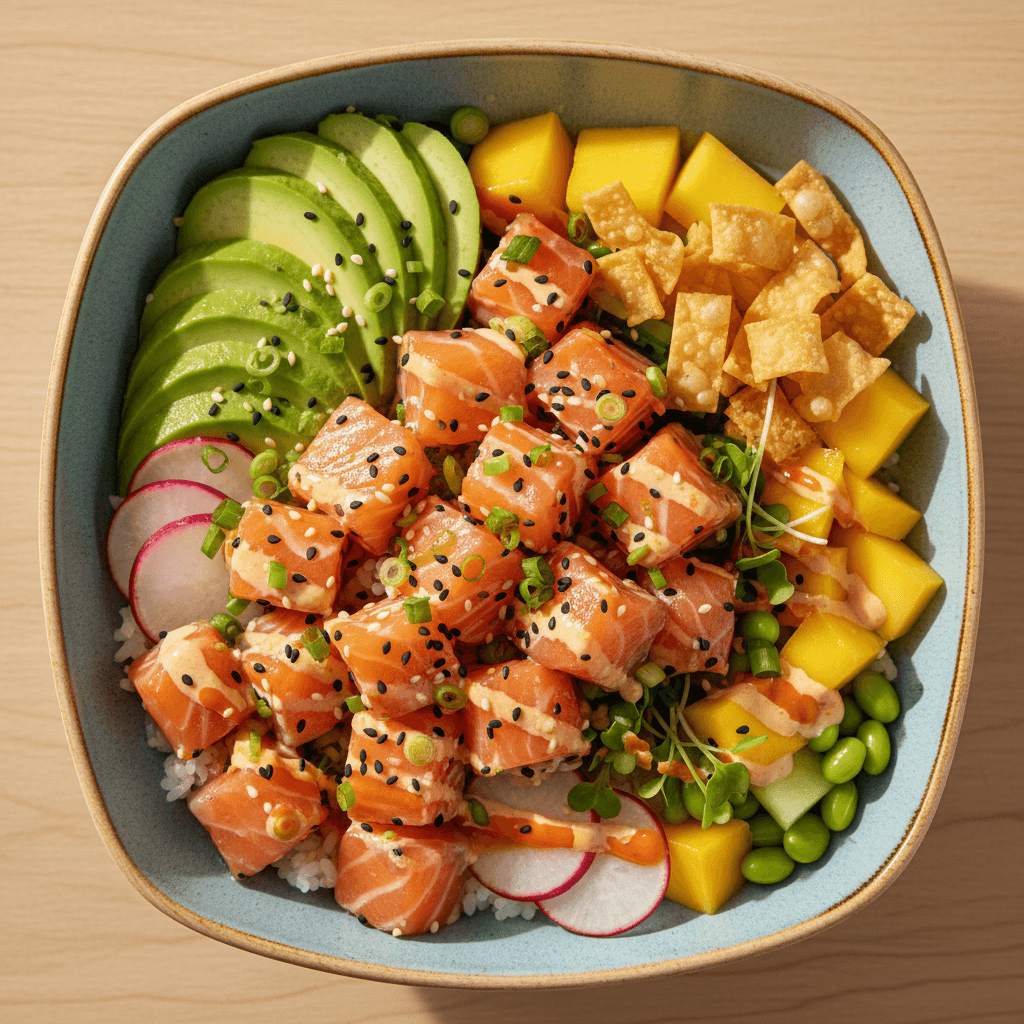 Salmon poke bowl with avocado, mango, and wonton bits